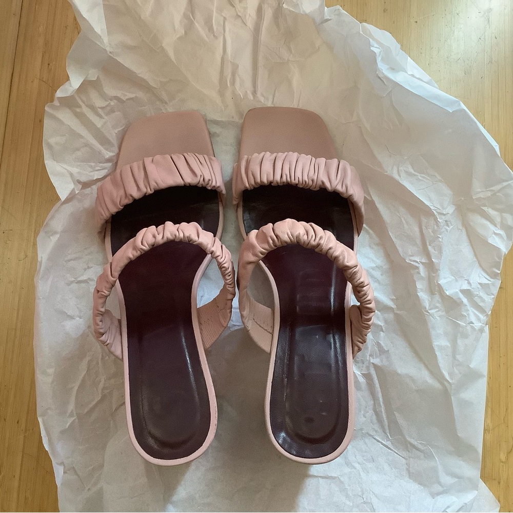 STAUD Pink Ruched Two-Band Slide Mules